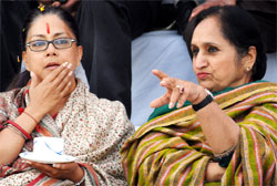 Not My Cup Of Tea! Surinder Kaur Badal (right), wife of Chief Minister Parkash Singh Badal, makes a point while speaking to Rajasthan CM Vasundhara Raje in Badal village