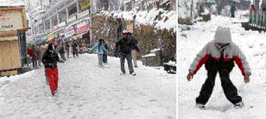 These tourists take cautious and measured steps on a road rendered slippery after fresh snow in Shimla on Wednesday; and (right) a child seems to try his hand at skiing on a slope near Jakhu