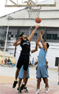 A match in progress between Ludhiana and Ferozepur during basketball championship being played in Ludhiana