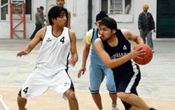 A match in progress between Ludhiana and Ferozepur during 58th Senior Punjab Basketball Championship being played at Guru Nanak Stadium in Ludhiana