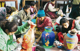 Students take part in on-the-spot painting competition organised at the Governmetn College for Women in Ludhiana