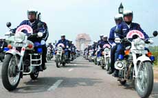 A contingent of traffic patrol, which was flagged off by Lt Governor Tejender Khanna, at the India Gate in the Capital on Thursday. 