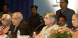 Haryana Governor A.R. Kidwai, Chief Minister Bhupinder Singh Hooda, union minister of state for finance Pawan Kumar Bansal and Haryana chief secretary Promilla Issar at the two-day 11th National Conference on e-Governance which began at Panchkula on Thursday.