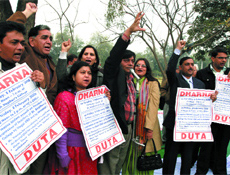 DUTA members protest in front of VC office in the Capital on Friday.