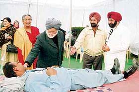 A blood donation camp in progress at Guru Nanak Public School, Sector 36-D, in Chandigarh