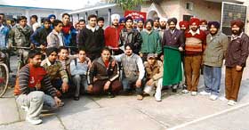 Principal Dr Narinder Singh Sidhu flags off a three-day cycle tour students of Guru Nanak National College in Doraha on Saturday.