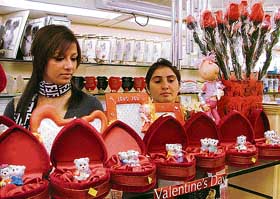 Youngsters purchase gift items for Valentine’s Day in Ludhiana on Saturday.