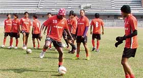 Air India, Mumbai, players practice at Guru Nanak Stadium in Ludhiana. The Mumbai outfit will lock horns against the local favourites JCT on February 10. 
