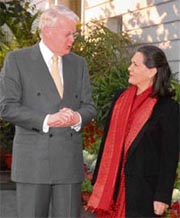 UPA chairperson Sonia Gandhi with President of Iceland Olafur Ragnar Grimsson in New Delhi on Saturday.