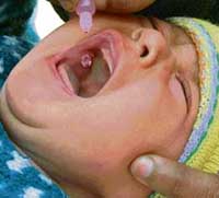A child being given polio drops at a booth in Ahmedgarh on Sunday. 