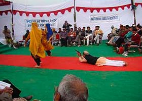 A scene from a play in which migratory birds are urging the hunter not to kill them as they are the guests