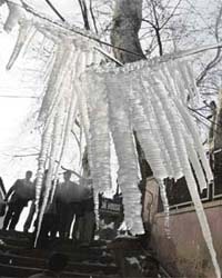 Icicles hang from an electric wire on a cold winter morning in Srinagar