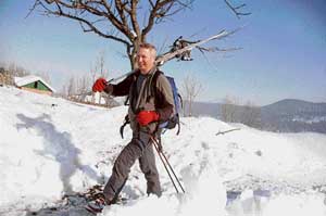 A foreign tourist comes down a slope after skiing in Gulmarg, about 55 km from Srinagar, on Tuesday. Gulmarg boasts of some of the best skiing slopes to which foreign tourists are attracted in hordes. 