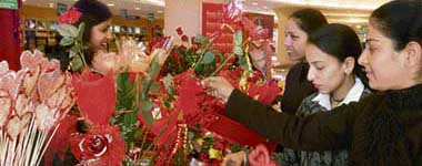 Girls buying gifts for their Valentines in Ludhiana on Wednesday.
