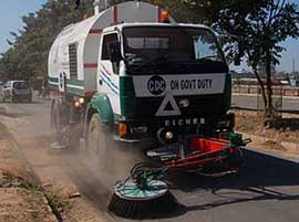 The hydraulic road sweeping machine at work in Mohali on Thursday.