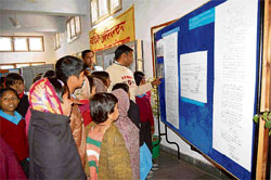 Schoolchildren at an exhibition on the freedom movement at Fatehabad