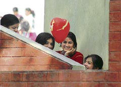 Students of GGN Khalsa College celebrate Valentines Day in Ludhiana on Thursday. 
