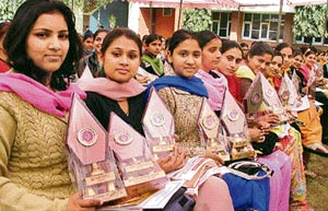 Prize winners of Guru Nanak Girls College during their annual function in Ludhiana on Thursday.