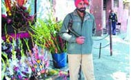 A cop stands guard to a flower shop in Amritsar on Thursday.