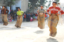 Sack race in progress at the sports meet of SSD Girls College, Bathinda