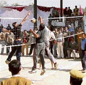 Players in action during the district-level panchayat tournament at War Heroes Stadium in Ambala on Friday.