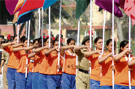 Students of Khalsa College participate in a march past during the annual athletics meet in Ludhiana on Friday.