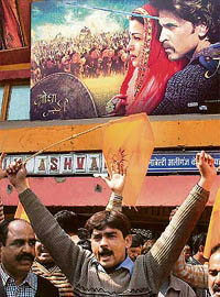 Activists of the Kshatriya Association protest against the screening of Ashutosh Gowarikar's "Jodhaa Akbar" outside Novelty cinema hall in Lucknow on Friday.