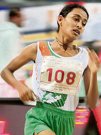 Sinimol Paulose during the 1500m race at the third Asian Indoor Athletics Championships in Doha on Thursday. Paulose won the gold in the event.