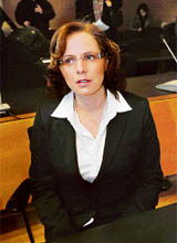 Susan Ruusunen, the ex-girlfriend of Finland's Prime Minister Matti Vanhanen, appears in court in Helsinki on Friday.