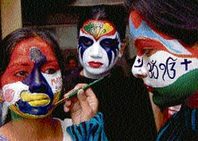 Students participate in a face painting competition during Pratibha 2008 held in Mohali