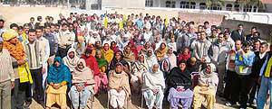 Former Haryana minister and state vice-president of the HJC Davender Sharma (extreme left) at a meeting of the Prajapati community in Kurukshetra on Saturday.