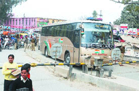 Delhi-bound Sada-e-Sarhad waits for the opening of DAV railway crossing on a diverted route in Jalandhar on Saturday.