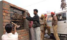 Final touches are being given to the foundation stone, to be laid down by SAD chief Sukhbir Badal at Ajit Raod in Bathinda, on Sunday. 