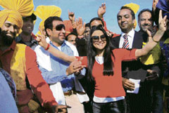 Bollywood star Preity Zinta dances on 'dhol' beats at PCA Stadium in Mohali on Sunday.