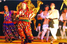 Students perform Himachali folk dance during Sham-e-Rukhsat, a musical function, at HMV College in Jalandhar.