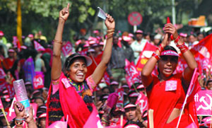 Anganwadi workers demand permanent tenure, better wages,social security benefits and government servant status. They hold a rally at Jantar Mantar in the Capital on Monday. 