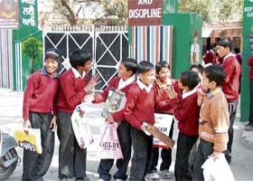 Students of class V in a joyous mood after appearing for their first board exam in Ludhiana