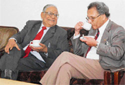 Mr H.K. Dua (left), Editor-in-Chief of The Tribune group of publications, and Dr M.S. Kang, VC, PAU, share views at a seminar on Media and Rural Development organised in Ludhiana