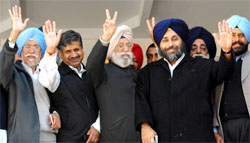 Jasmail Singh, ex-MLA (centre), along with SAD (B) chief Sukhbir Badal in Bathinda on Monday. Also seen in the picture are (from left) Amarjit Singh and Sarup Chand Singla, area in-charge of SAD (B)