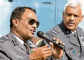 The AOC-in-C, Western Air Command, Air Marshal P.K. Barbora (left), along with AOC 12 Wing, Air Cmde S.R.K. Nair at the Air Force Station in Chandigarh