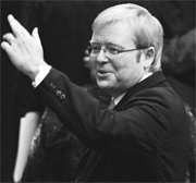 Australian Prime minister Kevin Rudd making his historic apology to Aborigines in Canberra on February 13, 2008. Rudd said that past policies of assimilation, under which aboriginal children were taken from their families to be brought up in white households, were a stain on the nations soul. 