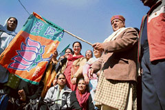 BJP state president Ashok Khajuria flags off a contingent of BJP Mahila Morcha activists in Jammu on Wednesday.