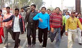 Activists of Rajput Sabha take out protest march in Ambala on Thursday.c