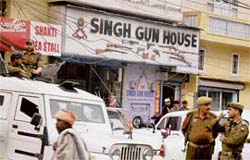 A gun shop near the venue, where PCC chief Saif-ud-din Soz addressed party workers, in Jammu on Thursday.