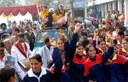 Om Prakash and Gurvinder being greeted on Friday.
