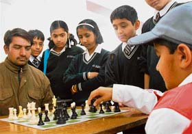 A Chess match in progress between Akash (right) and Mukesh in open category at St. Xavier School, Sector 44, Chandigarh