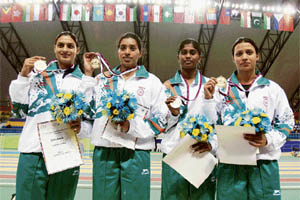The 4x400m relay team comprising (from left) Manjeet Kaur, Chitra Soman, Sini Jose and Mandeep Kaur emerged victors at the Asian Indoor Athletics Championship in Doha 