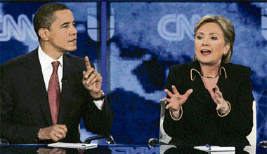 US Democratic presidential candidates, Senator Barack Obama (left) and Senator Hillary Clinton, participate in the Texas Democratic Party's presidential candidates debate at the University of Texas at Austin, Texas, on Thursday.