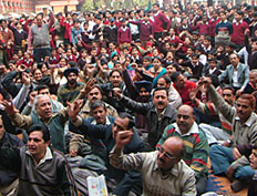 Staff, students of DAV Senior Secondary School raise slogans against management and the new principal in Amritsar on Saturday. 