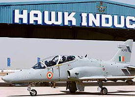 A Hawk Advanced Jet Trainer aircraft being readied for take-off during the induction ceremony at Bidar Air Force Station on Saturday.